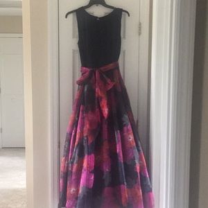 Nordstrom/Eliza J blue and floral organza gown.